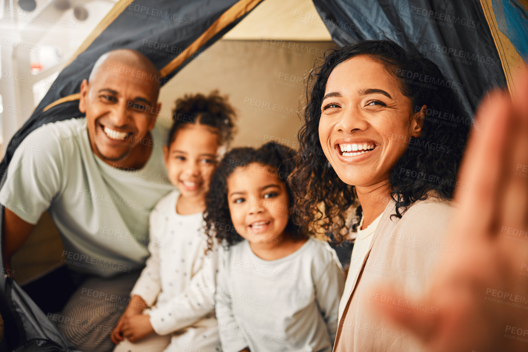 Buy stock photo Selfie, home camping and happy family portrait, bonding and smiling together on vacation in Brazil holiday house. Memory photo, youth childhood or cheerful children, mother and father playing in tent
