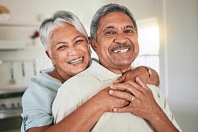 Buy stock photo Happy face portrait, hug and old couple smile, bonding and enjoy romantic time together at home apartment. Retirement love, senior partner and elderly man, woman or people embrace for marriage care