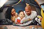 Home, camping and child reading story book, cartoon comic books and bonding with mother, father or happy family parents. Love, youth development or storytelling for kid listening to fairytale fantasy