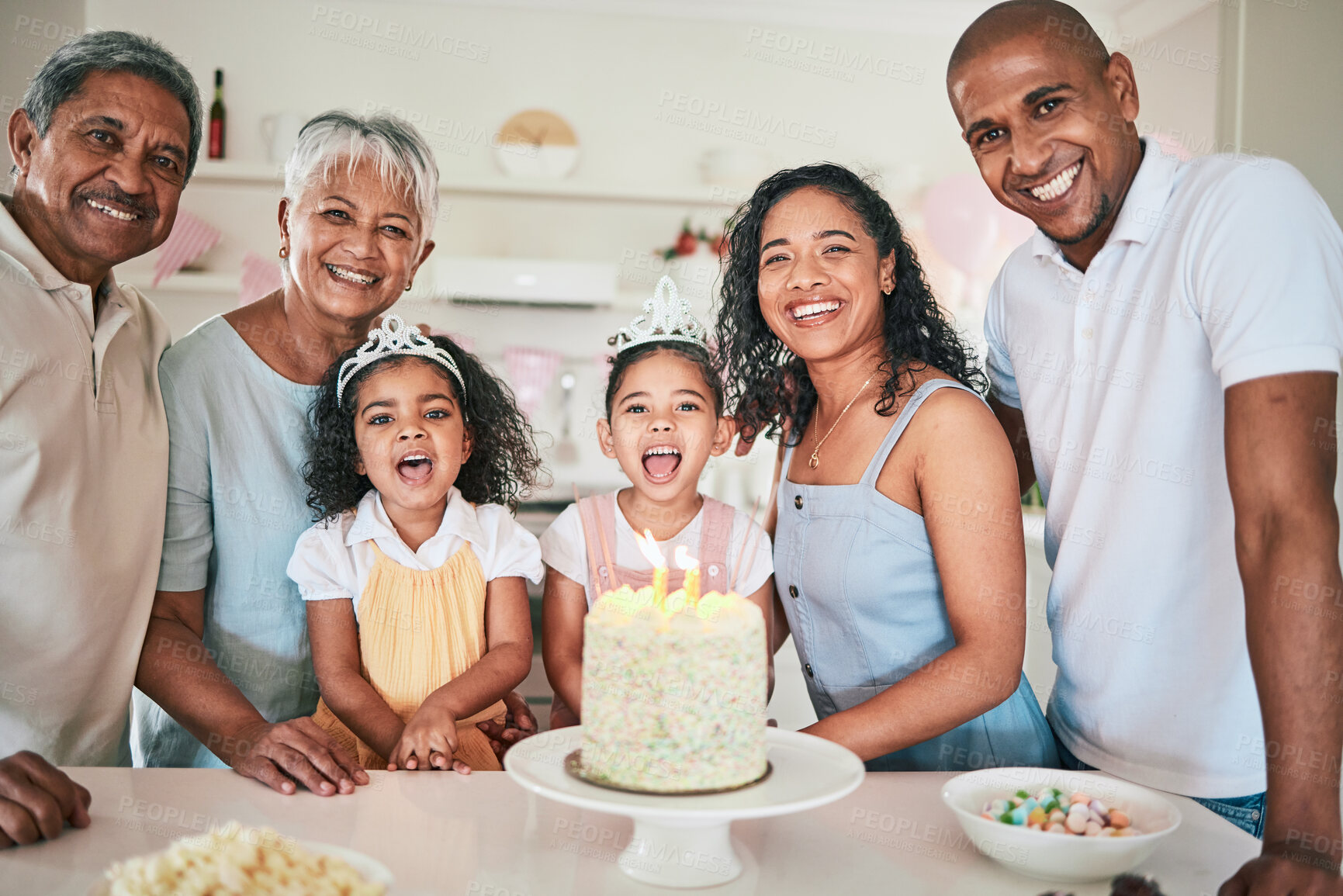 Buy stock photo Happy people at birthday party, family smile in portrait and celebration with cake with generations at home. Celebrate,  together with dessert and grandparents with parents and excited children