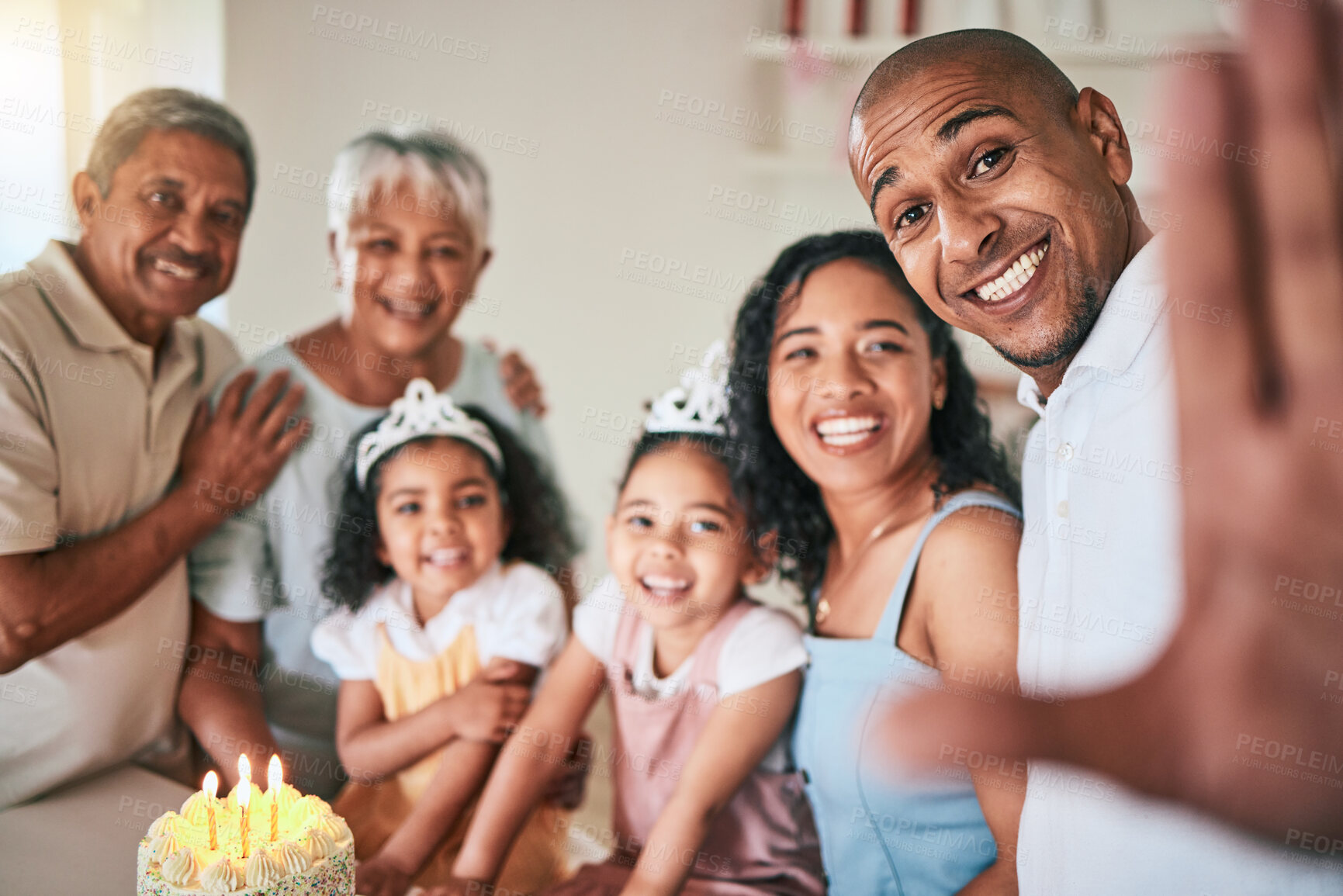 Buy stock photo Birthday, selfie and big family in living room with cake, happy and excited for celebration at home. Portrait, smile and grandparents, kids and parents at party, pose and together for profile picture