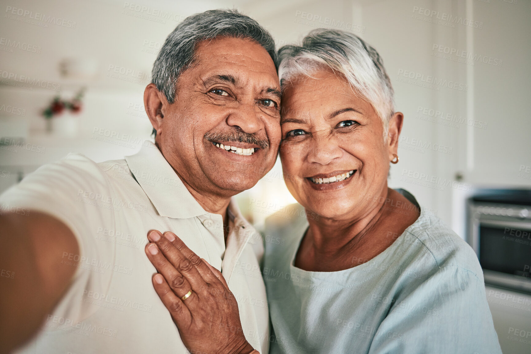 Buy stock photo Love, happy and elderly couple smile for selfie, profile picture and photo in living room, cheerful and hug. Portrait, retirement and excited old people enjoying retired lifestyle in their home 