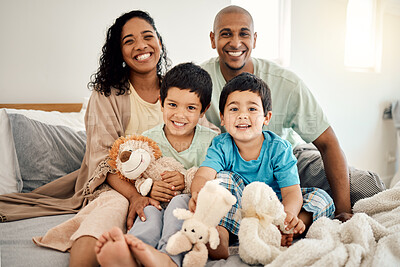 Buy stock photo Happy family, bed and portrait of parents and children bonding in a bedroom in a house and playing together. Care, mother and father excited with kids in the morning as love, happiness and care