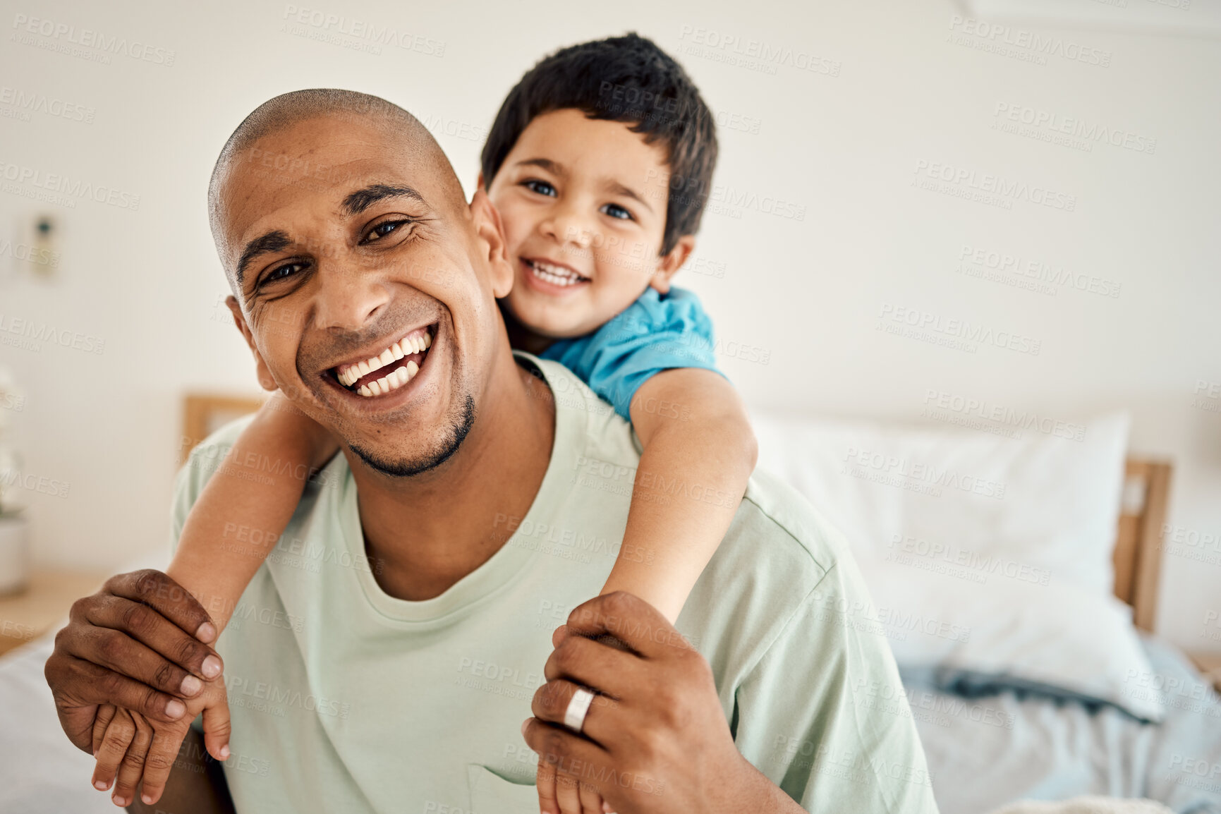 Buy stock photo Happy family portrait, bonding and child hug father, papa or dad for morning affection in hotel bedroom. Vacation happiness, piggyback or face of smiling man and youth kid enjoy quality time together