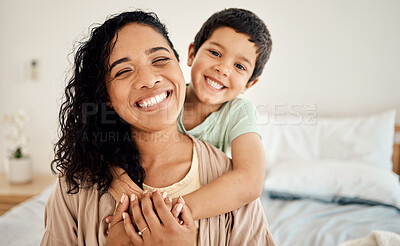 Buy stock photo Happy family, portrait or child hug mother, mama or mom for morning bonding in hotel bedroom. Vacation happiness, holiday affection or face of youth, kid or son with woman enjoy quality time together