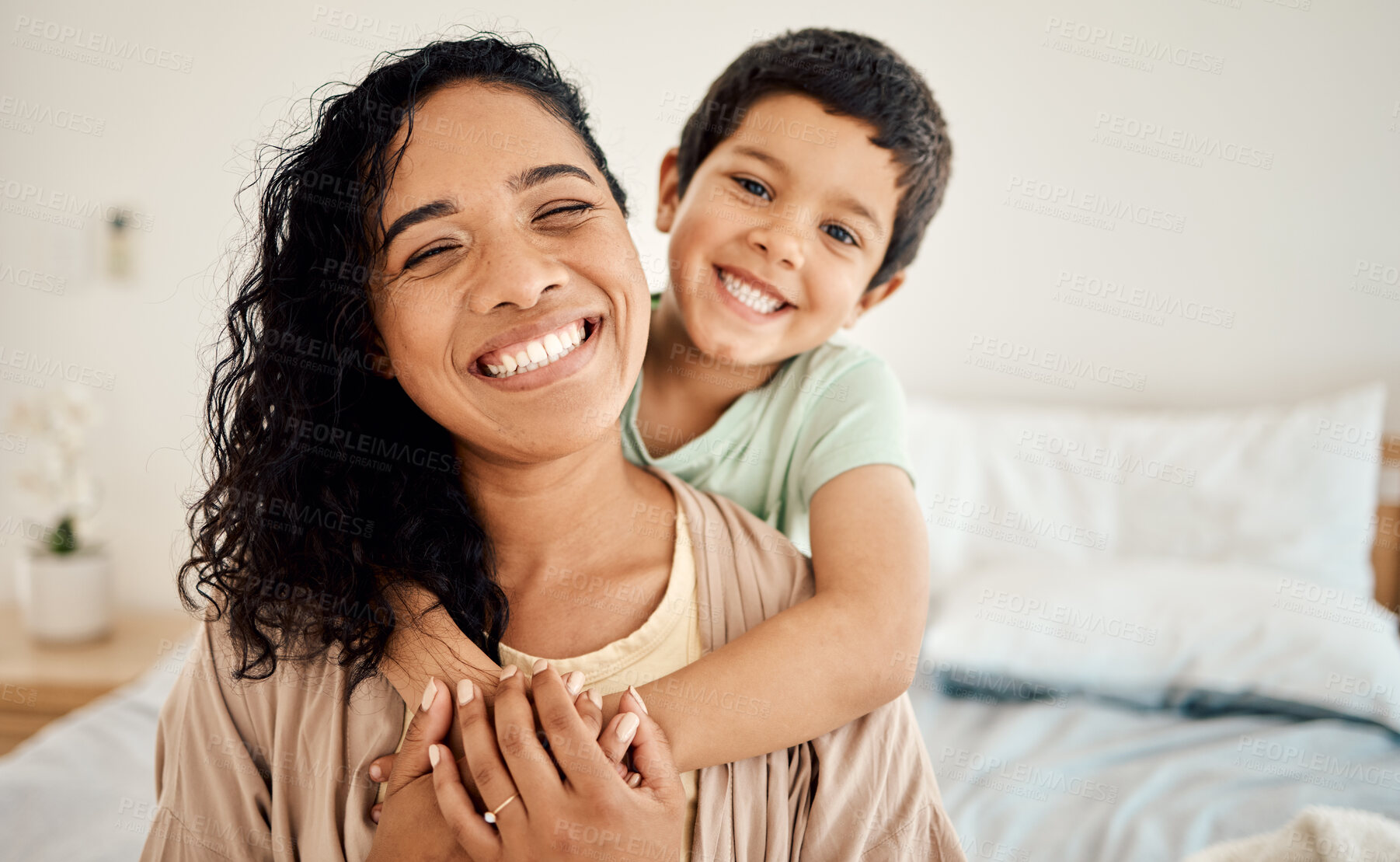 Buy stock photo Happy family, portrait or child hug mother, mama or mom for morning bonding in hotel bedroom. Vacation happiness, holiday affection or face of youth, kid or son with woman enjoy quality time together