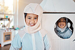 Astronaut portrait, spaceship and children happy, playing and role play space travel, home fantasy games or pretend rocket. Explore universe, Halloween costume and youth kids imagine galaxy adventure