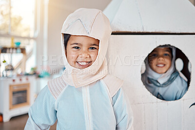 Buy stock photo Astronaut portrait, spaceship and children happy, playing and role play space travel, home fantasy games or pretend rocket. Explore universe, Halloween costume and youth kids imagine galaxy adventure