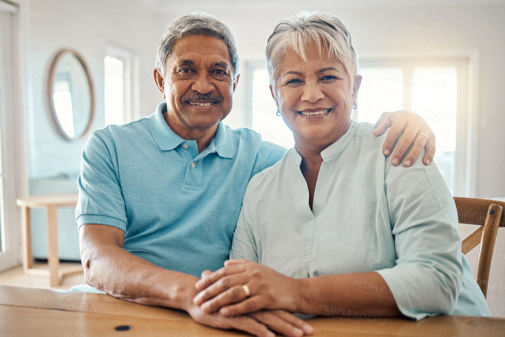 Buy stock photo Portrait, happiness and old couple hug, bond or enjoy romantic time together at Mexico vacation home. Retirement love, senior partner and happy elderly man, woman or people on marriage honeymoon date