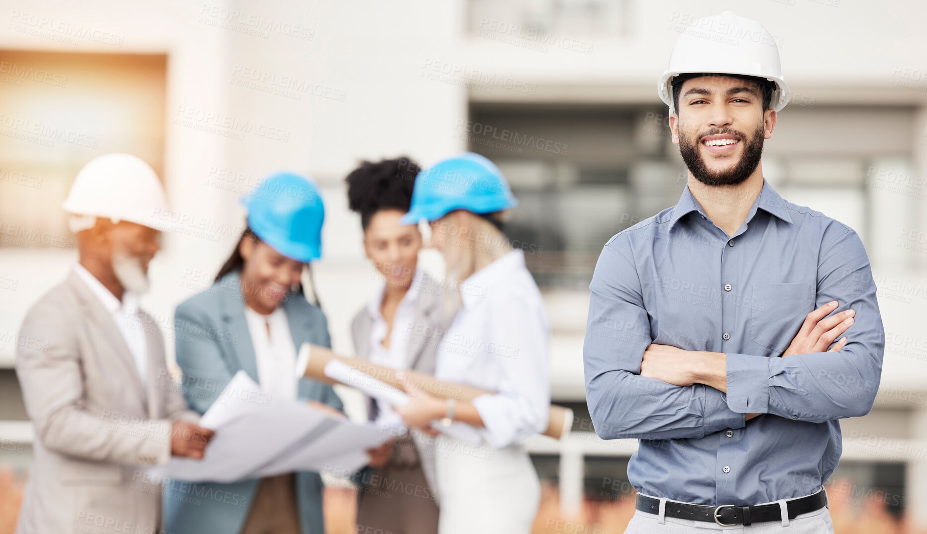 Buy stock photo Architecture, engineer and portrait of man with team for building, construction site and city planning. Engineering, leader and happy male worker for property development, inspection and maintenance