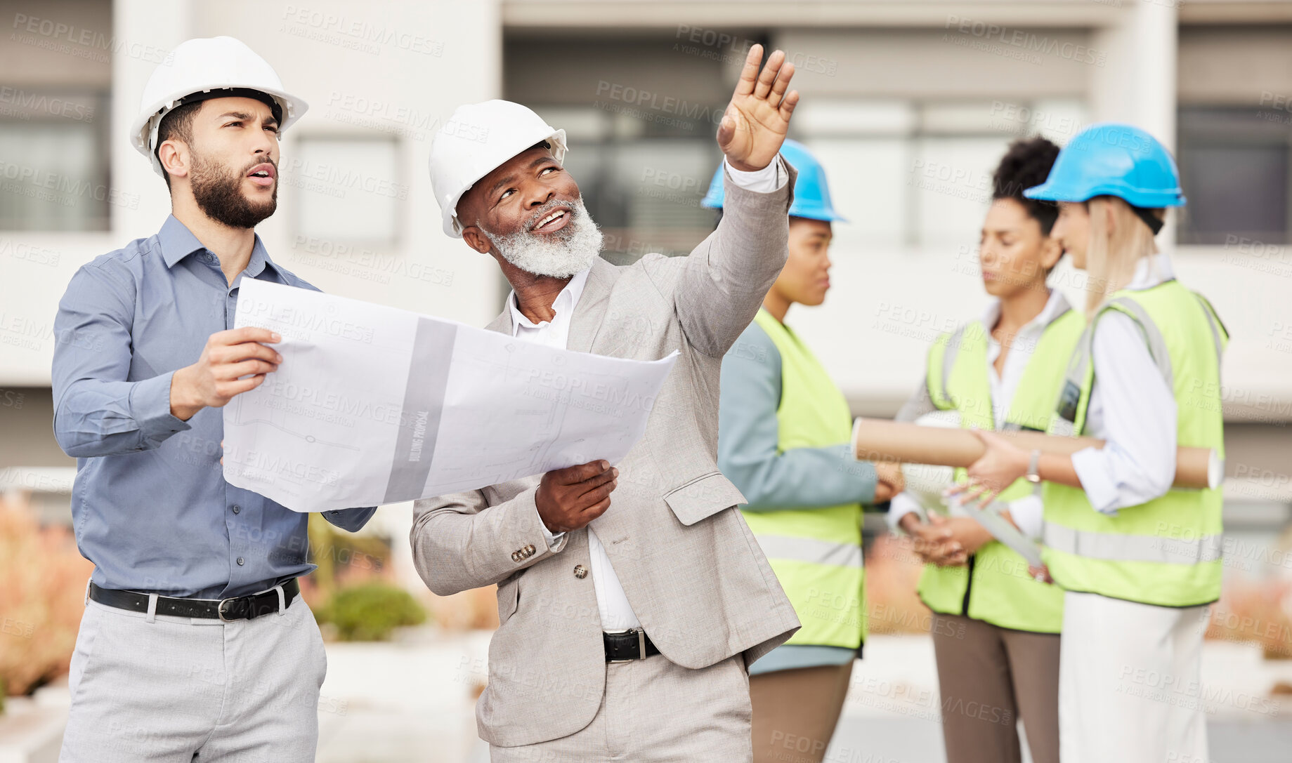 Buy stock photo Planning, architecture and blueprint with people on construction site for engineering. project management and design. Teamwork, floor plan and building with contractors for maintenance and idea 