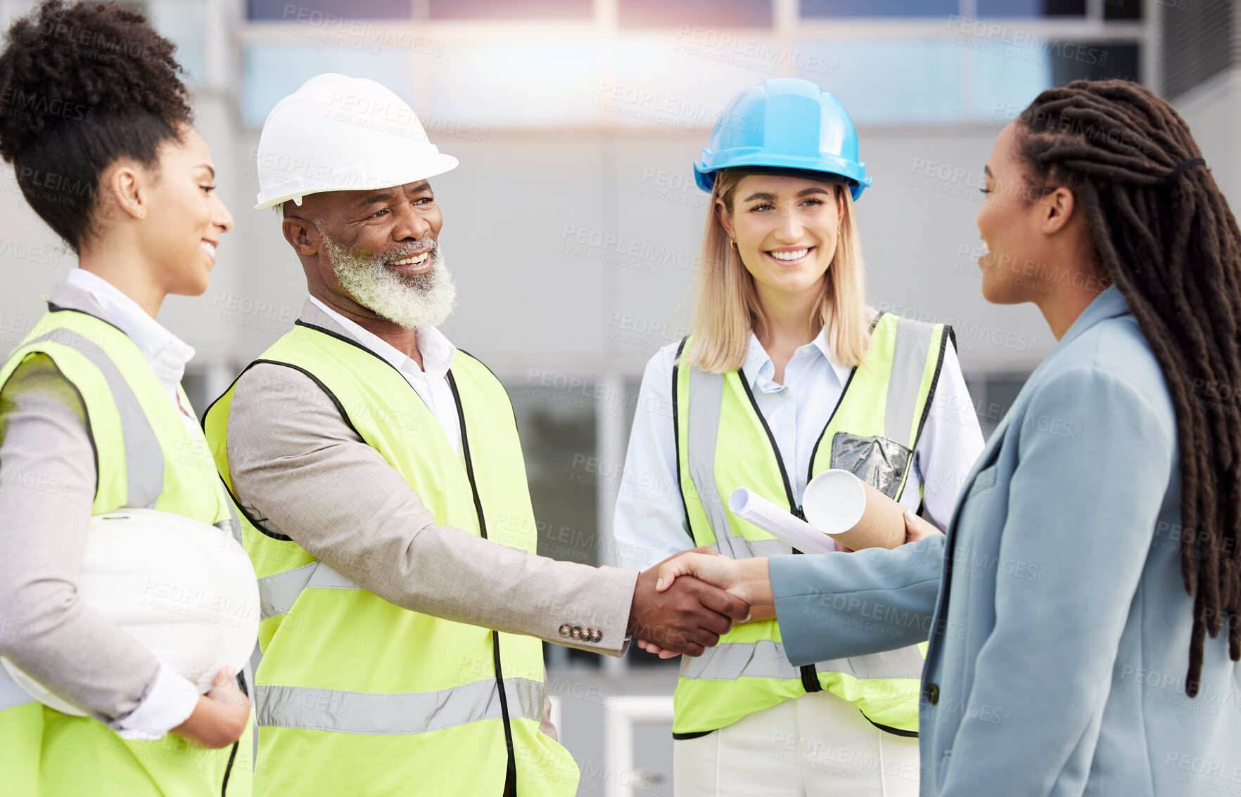 Buy stock photo Handshake, architecture and collaboration with people on construction site for planning, engineering and deal. Designer, building and contract with contractors for teamwork, welcome and industry