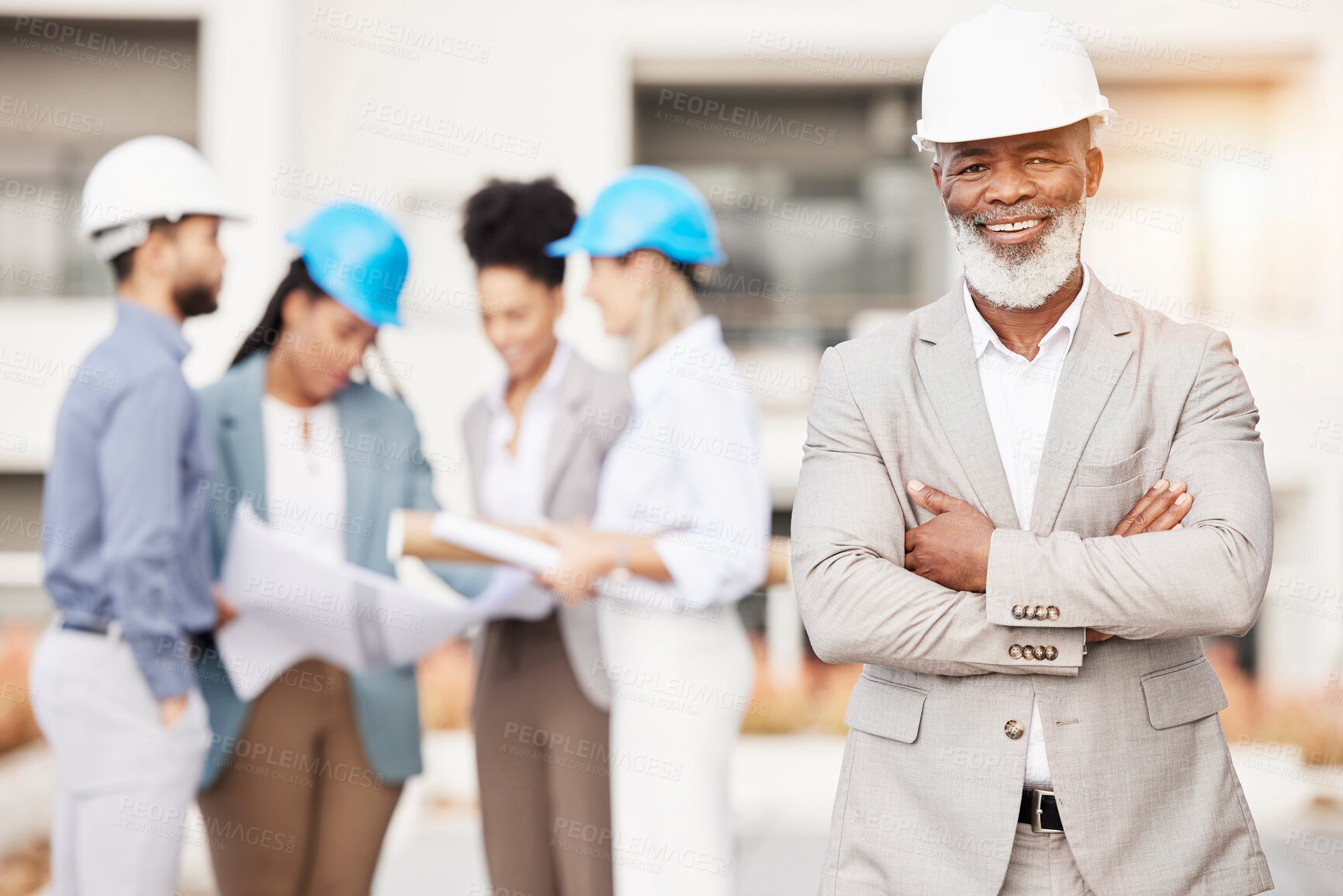 Buy stock photo Architecture, construction and portrait of senior black man with team for building site, engineering and planning. Property development, leadership and happy male contractor for city maintenance