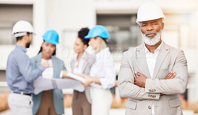 Buy stock photo Architecture, engineer and portrait of senior black man with team for building, construction site and planning. Engineering, leadership and serious male contractor for property development inspection