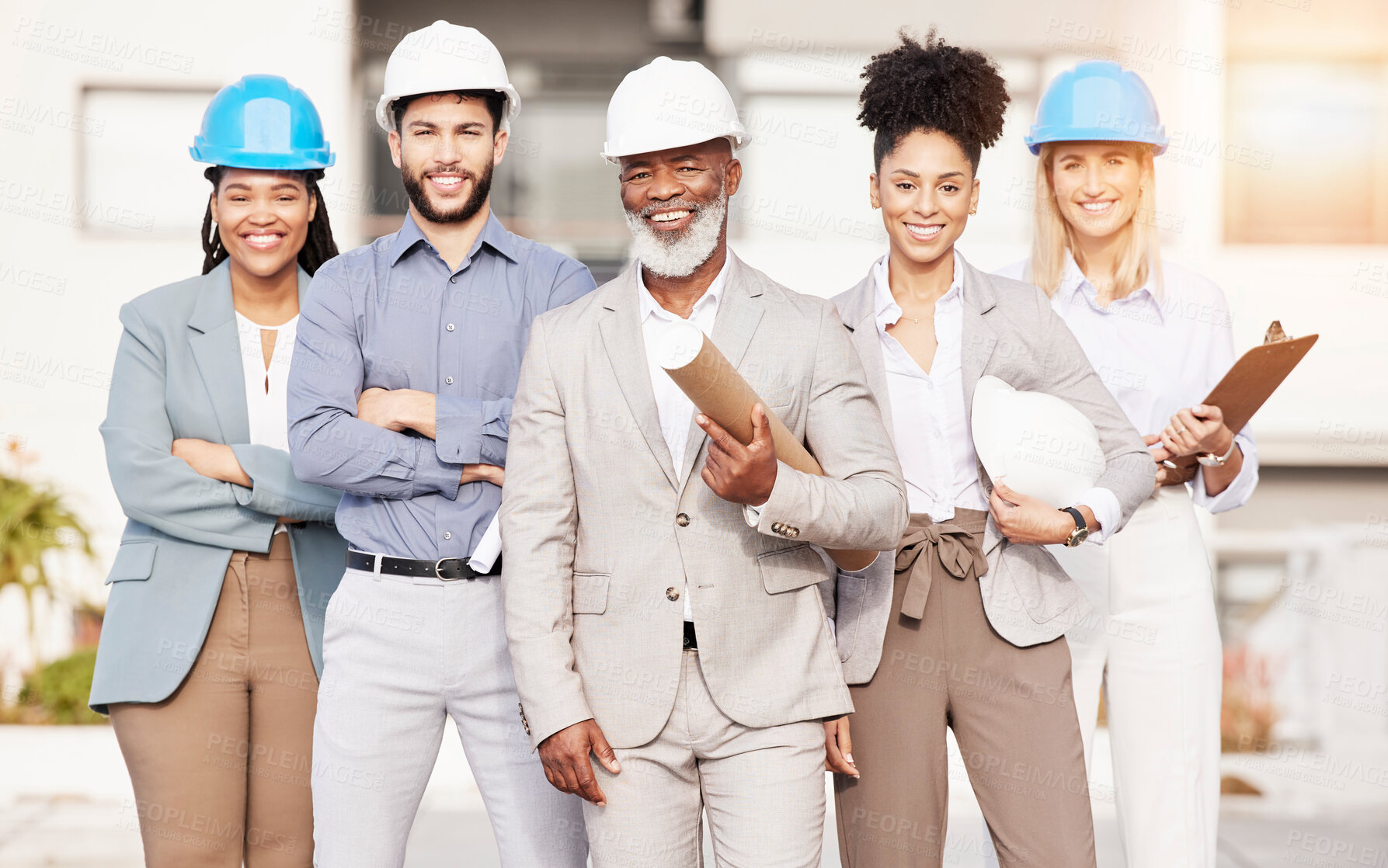 Buy stock photo Architecture team, engineer and portrait of people for building, construction site and planning. Civil engineering, property development and men and women for inspection, maintenance and project