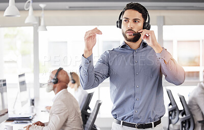 Buy stock photo Businessman, call center or consulting headphones for customer service, telemarketing or support office. Man, consultant or headset talking for problem solving, help or team management in contact us