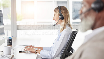 Buy stock photo Business woman, call center and consulting on computer for customer service, support or telemarketing at the office. Happy and friendly female consultant agent working on PC for online advice or help