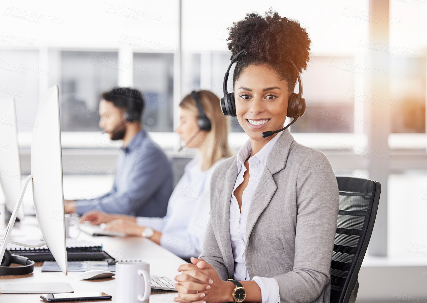 Buy stock photo Happy, portrait and woman call center agent working on online consultation in the office. Crm, smile and African female customer service, telemarketing or sales consultant with headset in workplace.