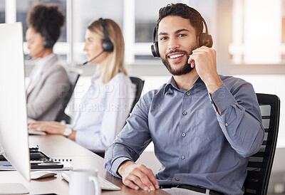 Buy stock photo Portrait, call center and customer service with a man consulting using a headset in his support office. CRM, contact us or telemarketing with a male consultant working  in an agency for communication