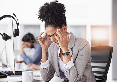 Buy stock photo Business woman, headache and stress in burnout, fatigue or overworked at the office. Stressed, tired and exhausted female suffering bad head pain, sore or ache from strain in discomfort at workplace