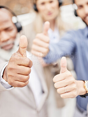 Buy stock photo Business people, call center and hands with thumbs up for winning, teamwork or agreement at office. Hand of group consultant or agents showing thumb emoji, yes sign or like for good job or success