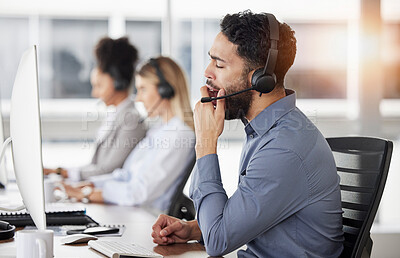 Buy stock photo Tired, yawn and man call center agent doing an online consultation on a computer in the office. Burnout, customer service and bored male telemarketing consultant working on crm strategy in workplace.