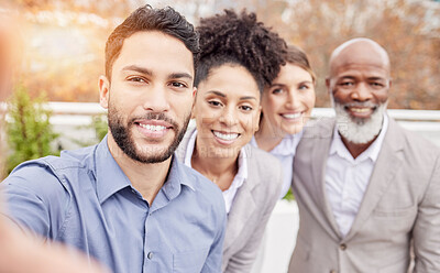 Buy stock photo Business, team and selfie outside with smile, pride and happiness working together with diversity. Success, happy face of employees taking outdoor group picture to celebrate achievement or goals.