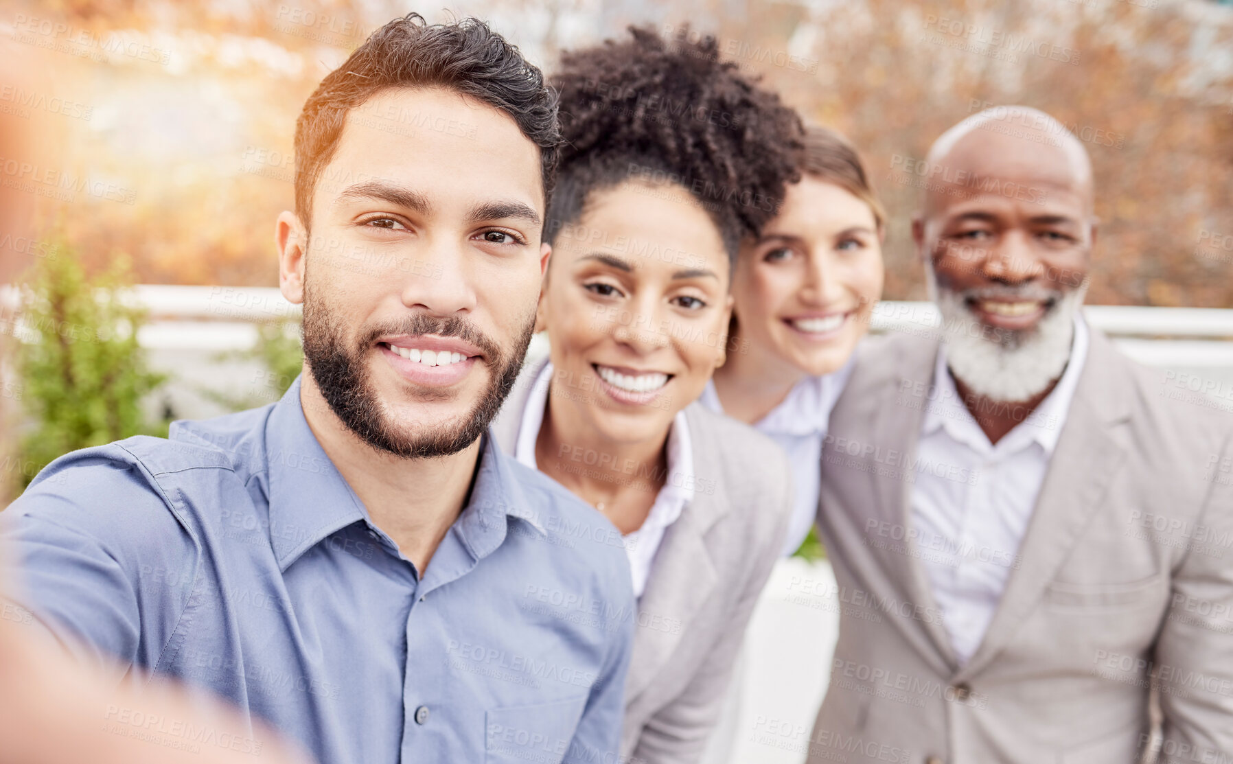 Buy stock photo Business, team and selfie outside with smile, pride and happiness working together with diversity. Success, happy face of employees taking outdoor group picture to celebrate achievement or goals.