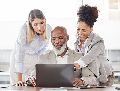 Buy stock photo Business people, laptop and team collaboration in meeting for planning, schedule or brainstorming at the office. Group working on computer sharing ideas in teamwork for project plan at the workplace