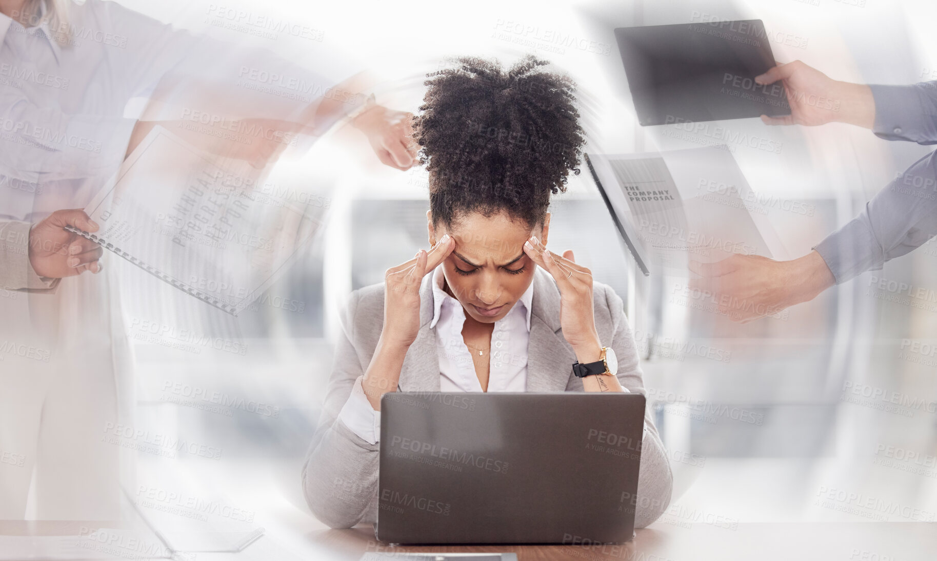 Buy stock photo Fast, business woman and stress with burnout, busy and multitasking with headache or pain. Female employee, leader or worker with a migraine, depression and mental health with a project or overworked