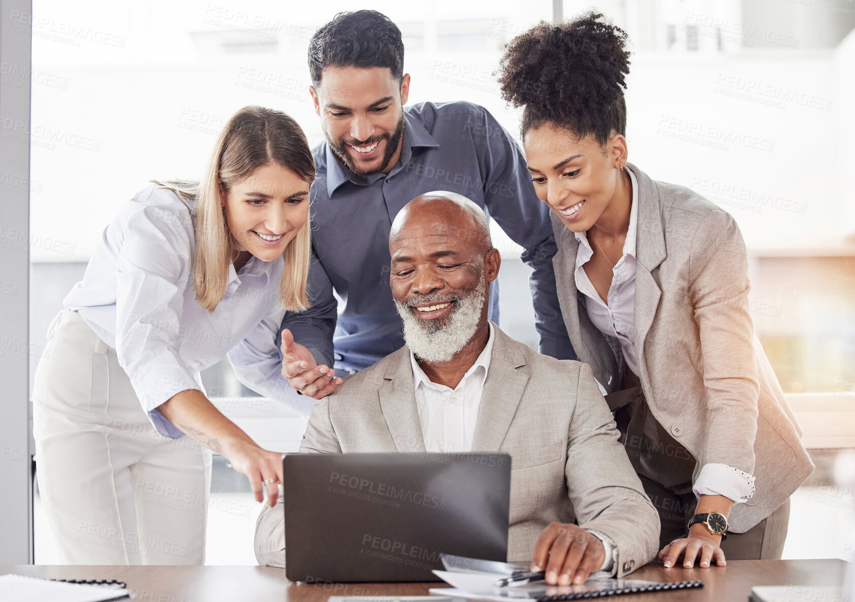 Buy stock photo Business people, laptop and meeting in collaboration for teamwork, planning or ideas at the office. Group of employees working on computer together for team project plan or brainstorming at workplace