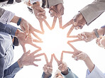 Business people, hands together and peace sign in teamwork or unity forming a star for collaboration below. Hand of team, group or community in trust, coordination and solidarity with sign or signal