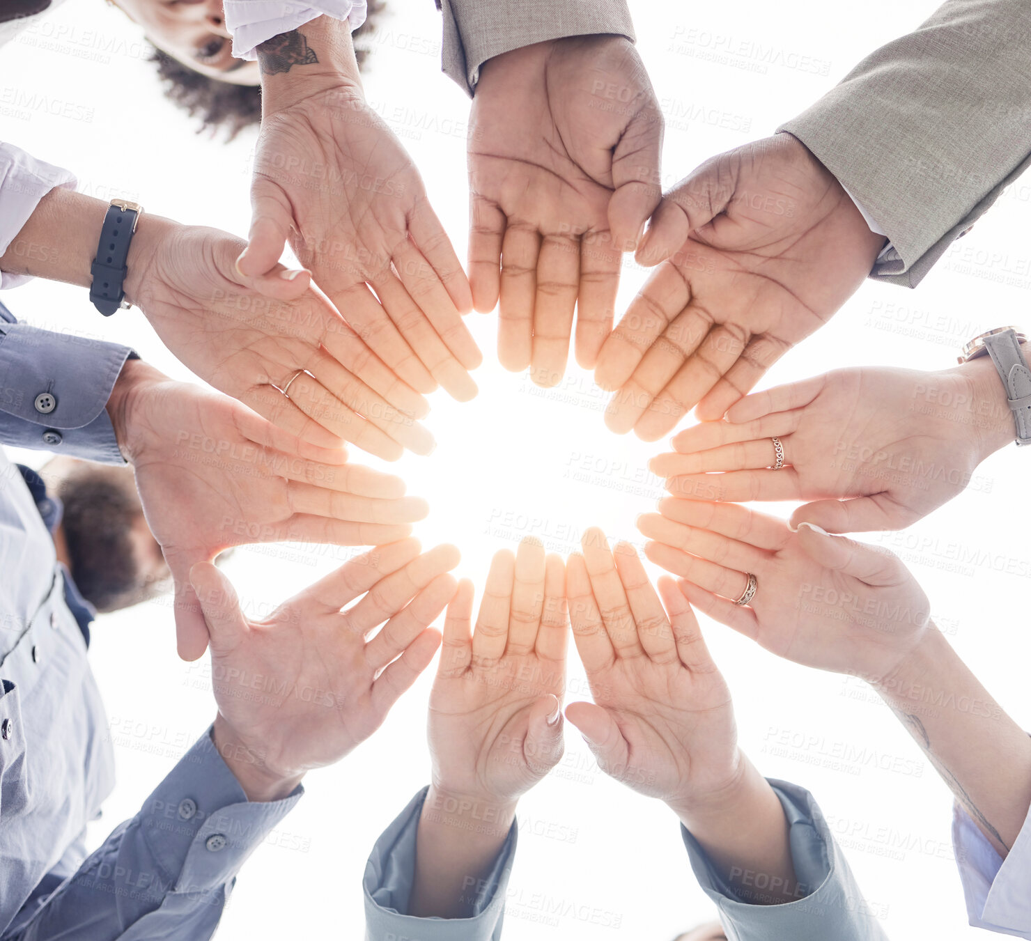 Buy stock photo Business people, hands together and circle in teamwork, motivation or unity for collaboration below. Hand of group or community in trust, coordination or team building for solidarity or partnership