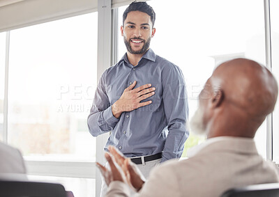 Buy stock photo Meeting, applause and business man with smile at proposal, project presentation for growth and development. Success, investment pitch and ideas in office with boss for winning goals in startup office