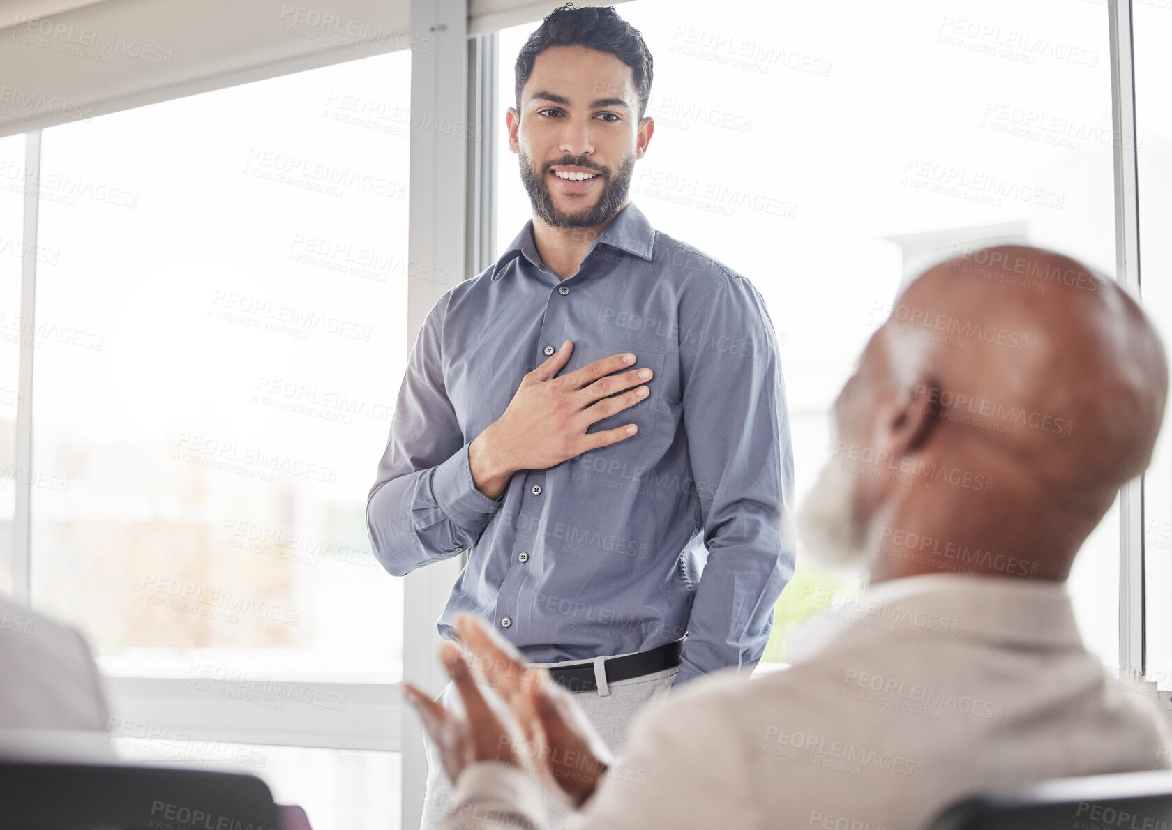 Buy stock photo Meeting, applause and business man with smile at proposal, project presentation for growth and development. Success, investment pitch and ideas in office with boss for winning goals in startup office