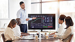 Business people, stock market dashboard on screen and coach for trading, finance presentation and graphs. Data analytics, investment information and coaching in team meeting with fintech and crypto