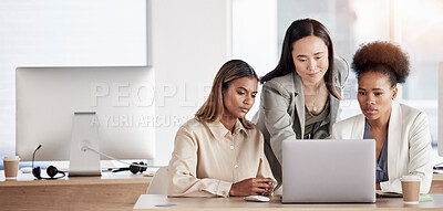 Buy stock photo Business women, laptop and team with training, diversity and website development at digital marketing agency. Group of people, mentor with learning and review with analysis, technology and internet