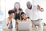 Business people, group and wave on video call with laptop for communication, hello or diversity in team. Black man, women and computer for webinar, online workshop or greeting with smile for kindness