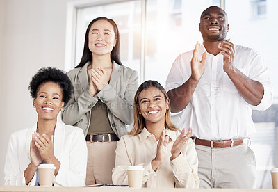 Buy stock photo Business people, startup office and applause for celebration, award and together with diversity in team. Black man, women and teamwork with success, event and crowd with goals, mission or achievement