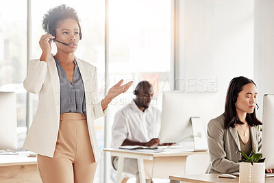 Buy stock photo Call center, black woman and business communication in office, coworking sales agency and customer service. Female telemarketing agent talking on headset for help, crm advisory and telecom support 