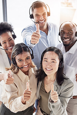 Buy stock photo Portrait, call center and happy business people with thumbs up for achievement, success and celebrate winning goals. Diversity team, telemarketing and thumb emoji for collaboration, support and trust