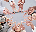 Hands, star and together in low angle for business people with teamwork, motivation and solidarity in office. Women, happiness and peace sign with shape, team building and support for company goals