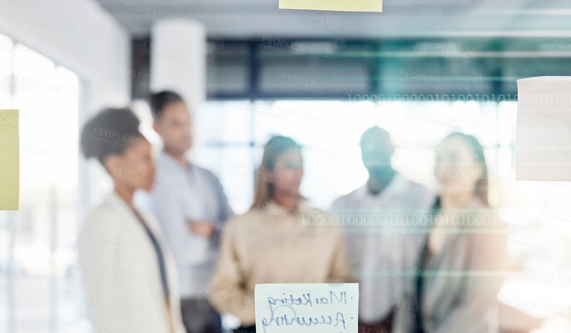 Buy stock photo Creative business people, planning and meeting with sticky note for brainstorming, ideas or strategy at office. Group of employee workers thinking in project plan or tasks on glass board for startup