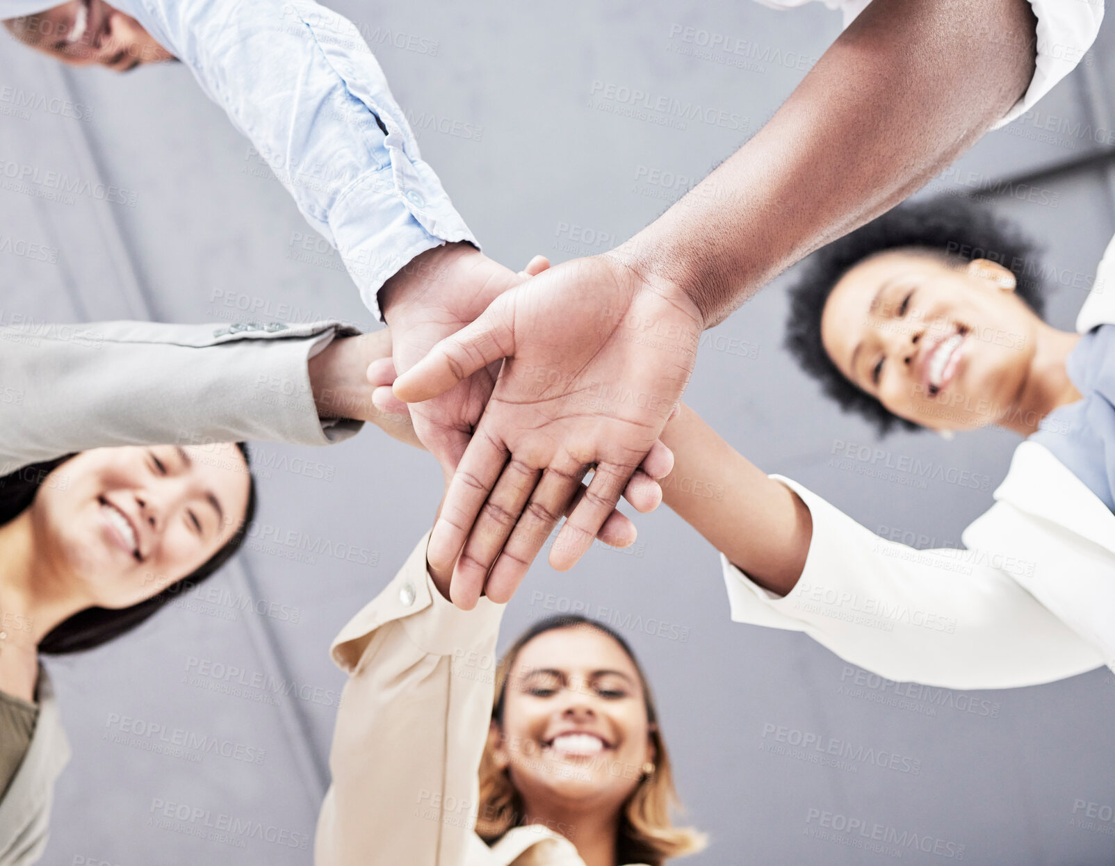 Buy stock photo Business people, hand stack and low angle in circle for teamwork, support and motivation in portrait. Women, team building and hands together for solidarity, diversity and mission for startup company