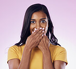 Happy, portrait and a woman quiet with a secret isolated on a studio background. Silence, shy and a girl covering mouth with hands for gossip, shock and surprise on a backdrop for embarrassment