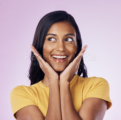 Buy stock photo Excited, beauty and face of happy Indian woman on pink background with smile, confidence and surprise. Happiness, fashion and girl pose with hands in studio with cosmetics, natural makeup and style