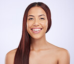 Hair care, beauty and portrait of woman with smile, straight hairstyle and luxury salon treatment on white background. Haircare, haircut and happiness, happy face of Brazilian model in studio mockup.