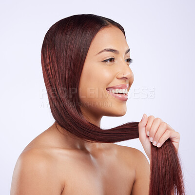 Buy stock photo Hair care, beauty and girl with smile, straight hairstyle and luxury salon treatment isolated on white background. Haircare, haircut and happiness, Brazilian woman with happy face in studio mockup.