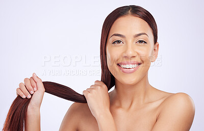 Buy stock photo Haircare, beauty and portrait of girl with smile holding strong hairstyle, luxury salon shine and color on white background. Hair care, happiness and Brazilian model, happy face on studio backdrop.