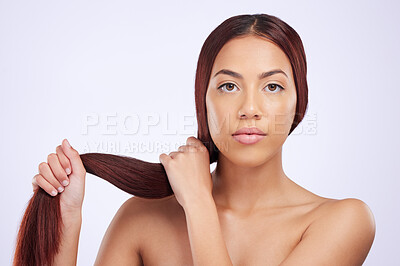 Buy stock photo Hair care, beauty and portrait of girl with strong hairstyle, luxury salon treatment and color isolated on white background. Haircare, haircut and mockup, Brazilian model with face in studio backdrop